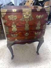 ANTIQUE CHINESE CHEST ON LEGS WOOD BRASS SMALL STORAGE CABINET VINTAGE picture