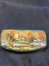 Russian Papier Mâché Lacquer Box Winter LOG Homes Landscape Motif Hand Painted picture