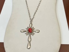 VTG Native American Sterling Silver Lg Stylized Cross w/Red Coral and 28