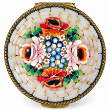Vintage Italian Micro Mosaic Pill Box Brass Hinged Trinket Box Floral Design picture