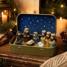 Christmas Nativity Set in a Tin Box Pocket Nativity Jesus Classic Scene Mini Tin picture