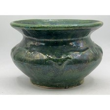 VTG Green Glazed Pottery Spittoon Vine & Floral Pattern 7.5