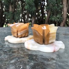 Vintage Alabaster Stone Marble Butterscotch Tulip Shaped Candlestick Holders Set picture