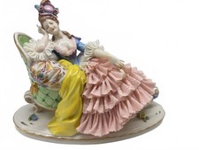 Vintage German Dresden Lace Porcelain Lady Reclining in Chair Pink Figurines picture