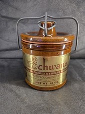 Vintage Schwan's Stoneware Cheese Crock Jar Pot Lid Wire Bail Handle Advertising picture