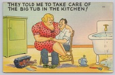 Plumber Taking Care of Large Housewife, Risque Comic Humor, Vintage Postcard picture