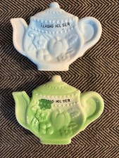 Vintage Ceramic Tea Bag Holder Blue Green Fruits Flowers Set of 2 picture