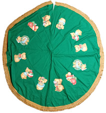 Vintage 1950s Handmade Felt Fringe Teddy Bear Applique Christmas Tree Skirt picture