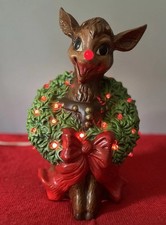Vintage 1950s Ceramic Light Up Reindeer Rudolph Wreath Christmas 12” picture