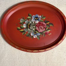 Vtg Nashco Handpainted Toleware Metal Tray 17.5” X 14” Red Floral Country Chic picture