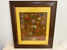 Antique United States Needlepoint Art w/ Floral and Animal Dec. Original Carved picture