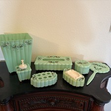Vintage 1950's Menda Aqua Flower and Rhinestone Plastic Vanity Set 7 piece RARE picture