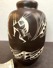 Native American Black over White Vase/Pot Hand painted & Etched with Tag 9 1/2
