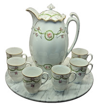 Antique M.Z. Austria Porcelain Chocolate Pot Set 6 Cups Laurel Garland Rose picture