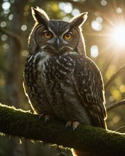 Majestic Great Horned Owl Forest Sunlight Nature Photo Art Print picture