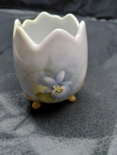 Vintage Tri-Footed Hand Painted Cracked Egg Vase  Pastel Floral Motif  Gold Trim picture