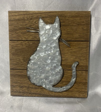 Primitive Metal Tin Cat With Whiskers Silhouette On Wood Board Hanging Art picture