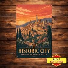 Granada Cityscape Sunset Skyline Alhambra Inspired Art Vintage Metal Sign picture