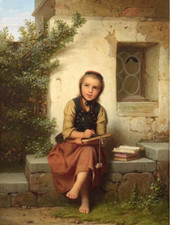 Oil painting Johann Georg Meyer Von Bremen nice young girl in yard art picture