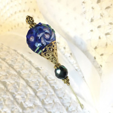 HATPIN with Deep BLUE Glass Wedding-Cake Bead and Crystal Set in Gold Finish, 6” picture