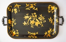 Antique English Chinoiserie Hand Painted Black Gold Gilt Birds Floral Tole Tray picture