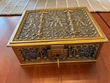 Antique Erhard & Sohne German Jewelry Casket Trinket Box Cherubs Blue Velvet picture