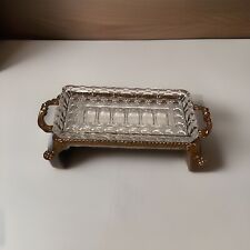 Vtg 1980s GENUINE LEAD CRYSTAL GLASS SERVING TRAY W/ FOOTED BRASS HOLDER 7500 picture