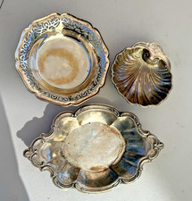 Vintage Silverplate Lot of 3 Aged Patina Trinket Dish Tray Bowl Farmhouse Decor picture
