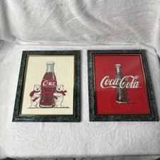 Vintage 1998 Coca Cola Cross Stitch Framed Pair Polar Bears Coke Bottle 8x10 picture