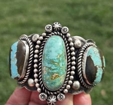 Native American Sterling Silver Royston & Blackjack Turquoise Cuff Bracelet  picture