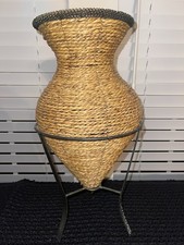VTG XL Woven Metal & Rope Fiber Basket Shaped Vase/Unbrella Stand W/Tripod Legs picture
