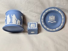 Vintage Wedgwood Blue Jasperware Lot -  Lidded Trinket Box,  Jar, Sm Plate picture
