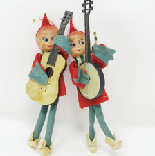 Lot of 2 Vintage Felt Elves Pixies Knee Huggers Guitar Banjo Xmas Ornaments ~ 7
