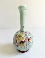 Antique Victorian Hand Painted Bristol Glass Bottle Vase, Green & Floral 11.5” picture