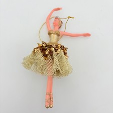 Vintage Mid Century Style Ballerina Rubber Christmas Ornament Gold Sequin Tutu picture
