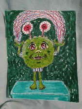 Vintage Style Halloween Greeting Card - Cute Green Alien - Handmade picture