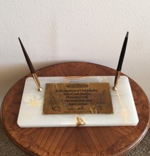 Vintage ELECTROLUX VACUUM SALESMAN AWARD Solid Marble Desk Set SHEAFFER 14k Pen picture