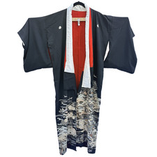 Japanese Black Kurotomesode Kimono Silk Trad'l Vtg Gardens Cranes Red Lining picture