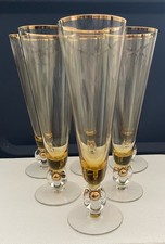 Atlas Amber Mid-Century Czech Handblown Flute Pilsner Glasses Gold Rim & Ball picture