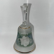 Vintage Etched Glass Bell Frosted Floral Green Gold Trim Crystal Handle 6” picture