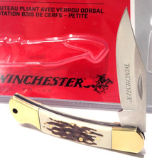 Winchester Small Stag Bone Clip Point Blade Lockback Folding Pocket Knife EDC picture