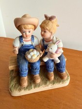 Homco Denim Days Bunny Hutch Figurine 1514 Debbie and Danny Easter picture