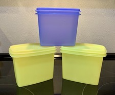 VTG 3 Tupperware Rectangular Containers 3 Lids Yellow Blue Stackable Made In USA picture