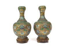 Vintage Pair of Champlevé Cloisonné Enamel Vases with Orchids 9.5