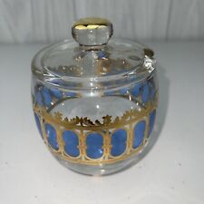 Vintage Culver Azure Blue Mid Century Lidded Condiment Jar Gold Scroll Accent picture