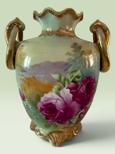 Antique Nippon Hand Painted Roses Landscape Vase Gilt Double Handles Maple Leaf picture