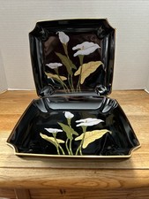 2 Vintage Yamaji Square Calla Lily Serving Plates Black W/White Flowers/Gold Acc picture