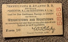 c. 1915 Pennsylvania & Atlantic Railrd Ticket Hightstown, Wrightstown, N. Jersey picture