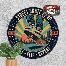 Skater Silhouette Street Skateboarding Tin Sign Round Action Sports Plaque 8x8 picture