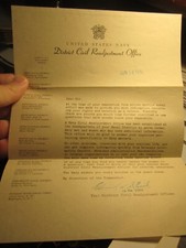 1946 UNITED STATES NAVY DISTRICT CIVIL READJUSTMENT OFFICE LETTER SIGNED BBA picture